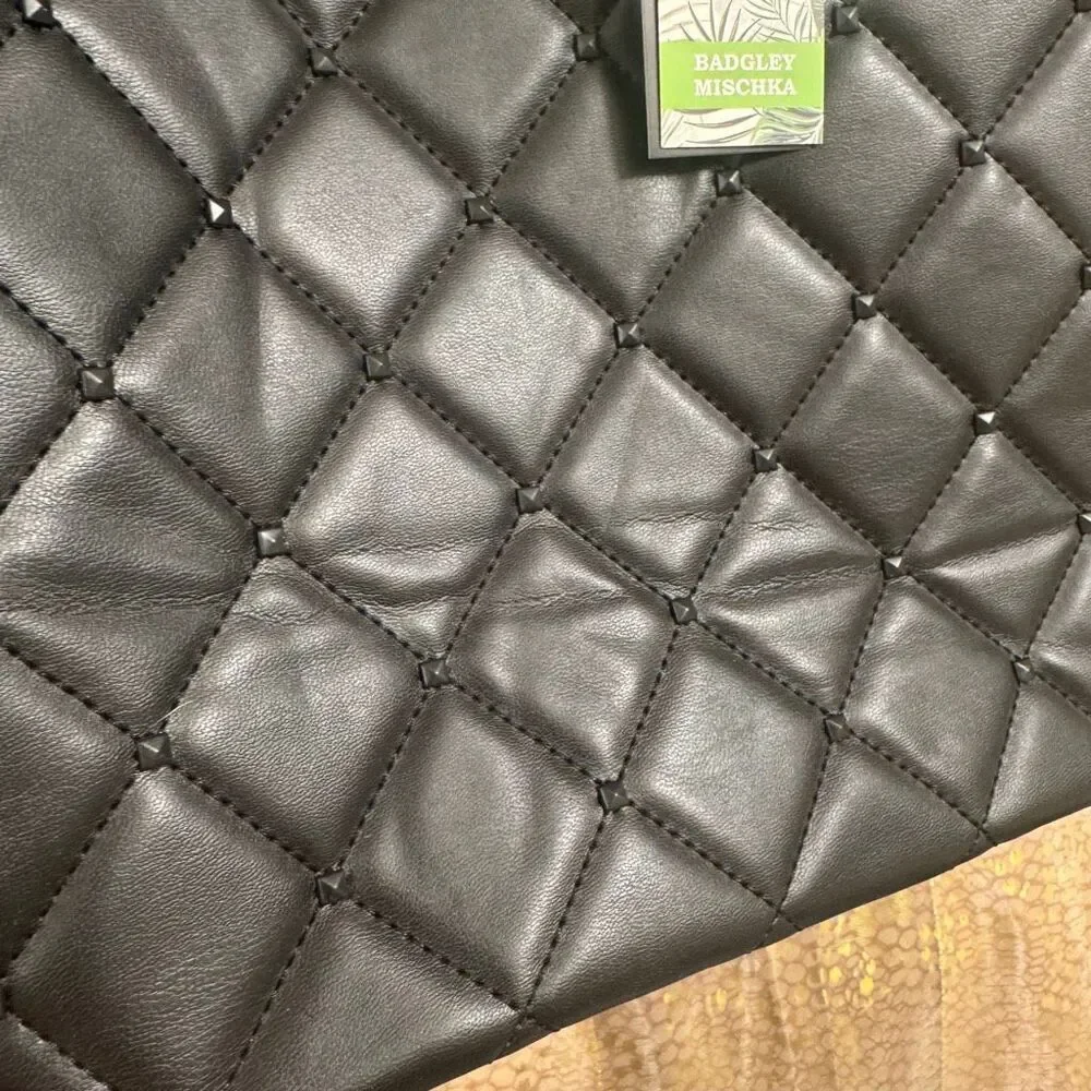 Badgley Mischka Black Quilted Vegan Leather Travel Weekender Tote Bag‎ NWT
